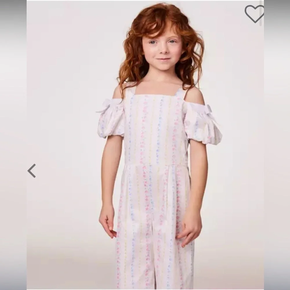 Janie & Jack girls  Floral Striped Jumpsuit white bow sleeve spring casual $80